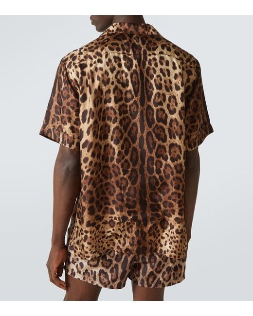 Dolce & Gabbana Brown Bowling Shirt With Cuban Collar And All-Over Leopard Print for men