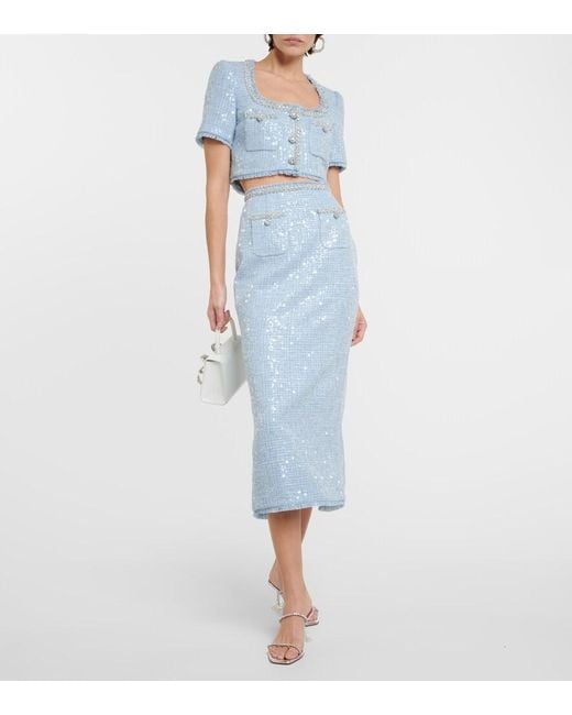 Self-Portrait Blue Sequined Boucle Midi Skirt