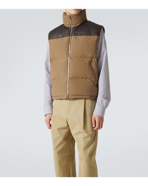 Bottega Veneta Brown Intrecciato Leather-Panelled Quilted Cotton Down Gilet for men