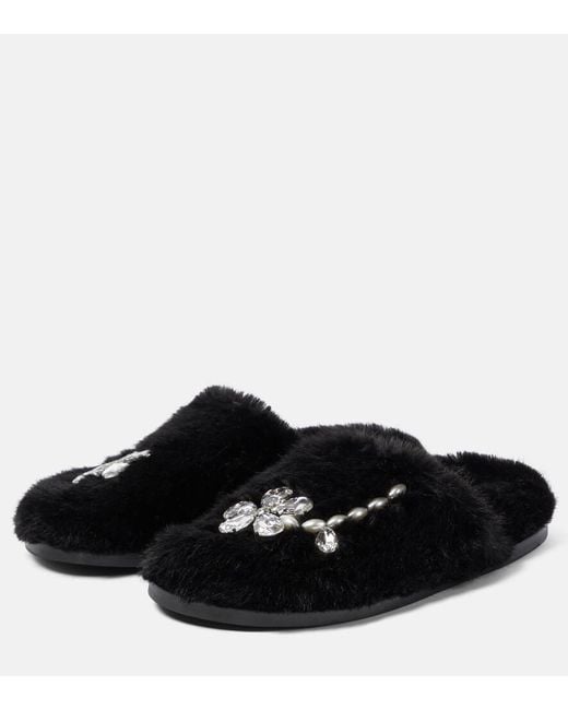 Simone Rocha Black Embellished Faux Shearling Slippers