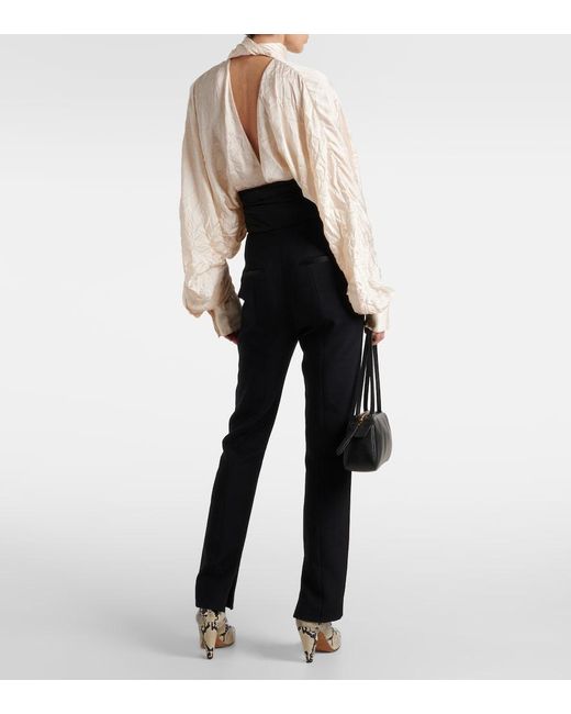 Khaite Blue Lenro Satin-Trimmed High-Rise Slim Pants