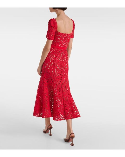 Self-Portrait Red Floral Lace Midi Dress