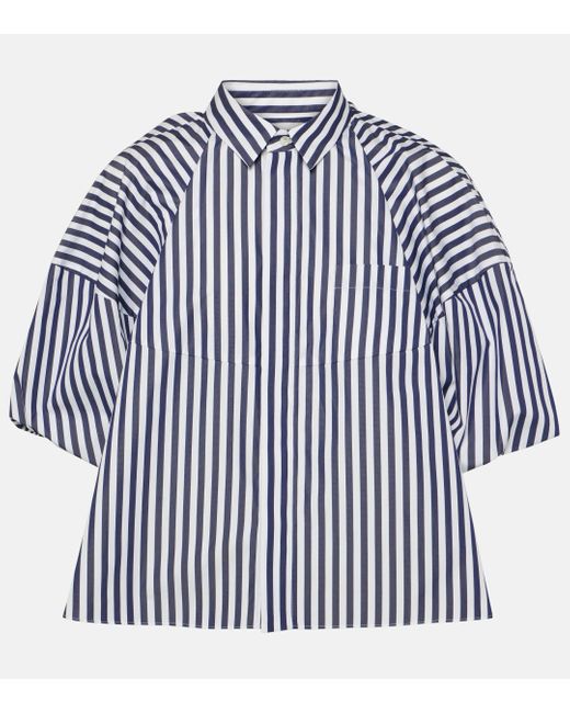 Sacai Blue Striped Cropped Cotton-blend Shirt