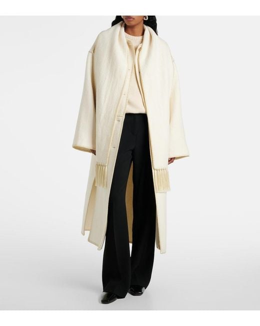 Totême White Fringed Embroidered Wool Scarf Coat