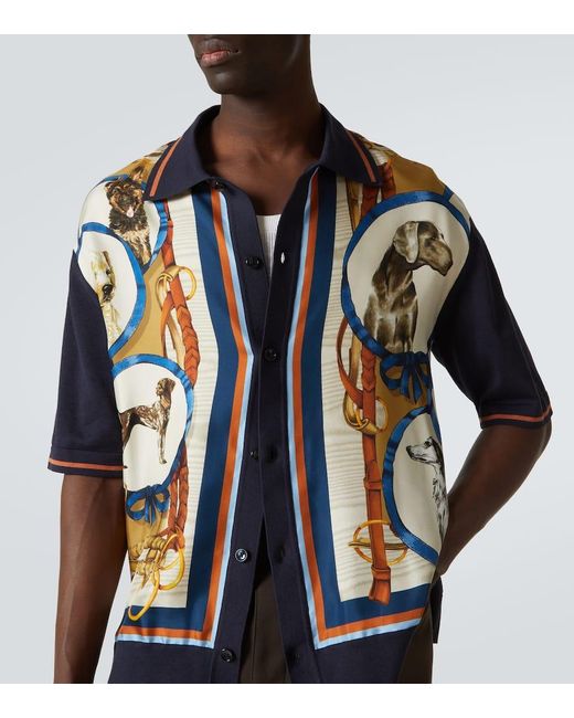 Dolce & Gabbana Blue Printed Silk And Cotton Bowling Shirt for men