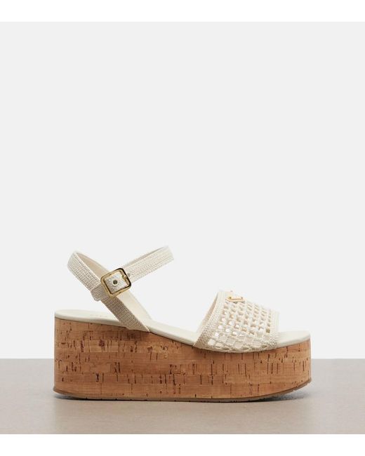 Prada Natural Crochet Wedge Sandals