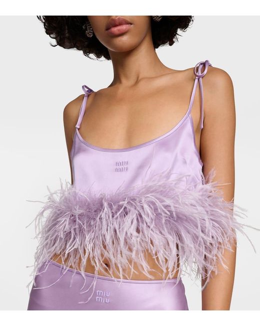 Miu Miu Purple Feather-Trimmed Logo Satin Crop Top
