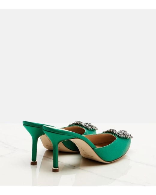 Manolo Blahnik Green Hangisimu 70 Embellished Satin Mules