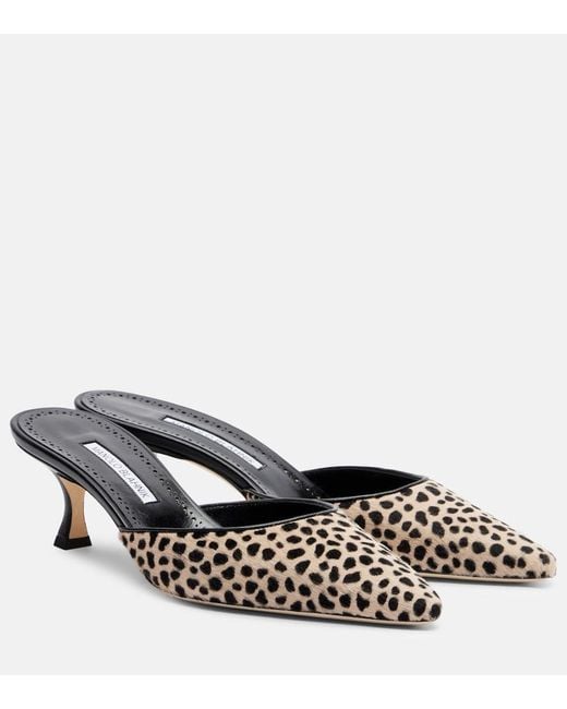 Manolo Blahnik Metallic Carolyne 50 Leopard-Print Calf Hair Mules