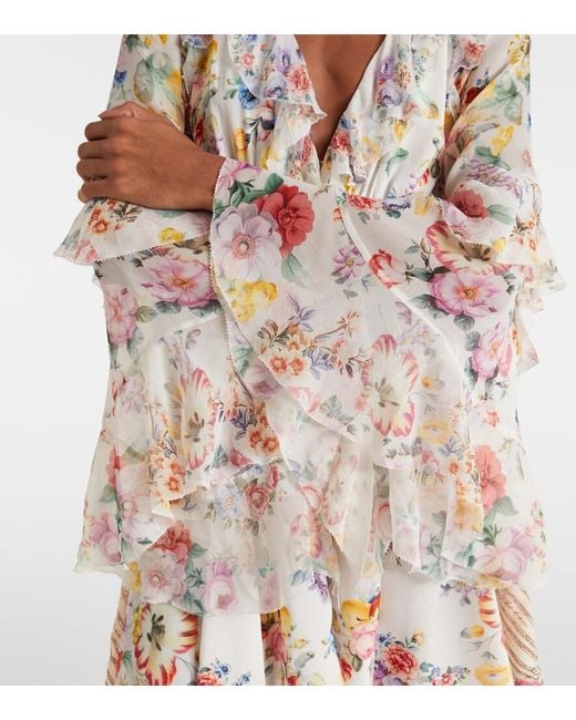 Camilla White Embellished Floral Ruffled Silk Minidress