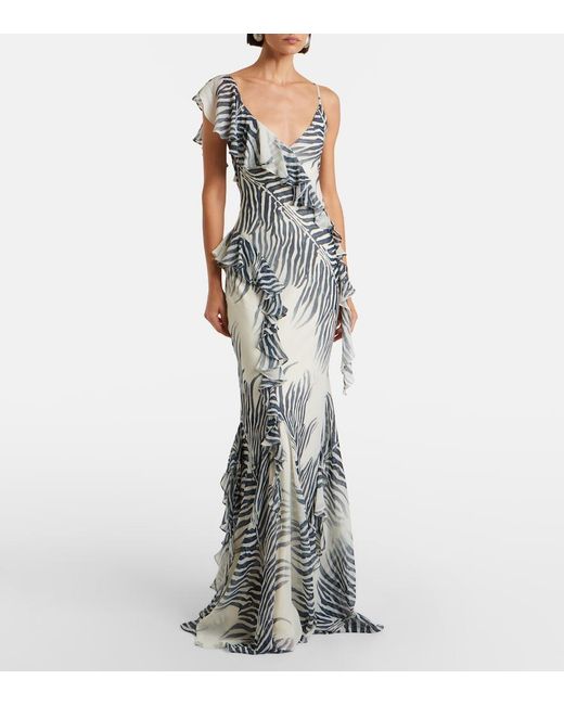 De La Vali White Mayara Zebra-Print Georgette Maxi Dress