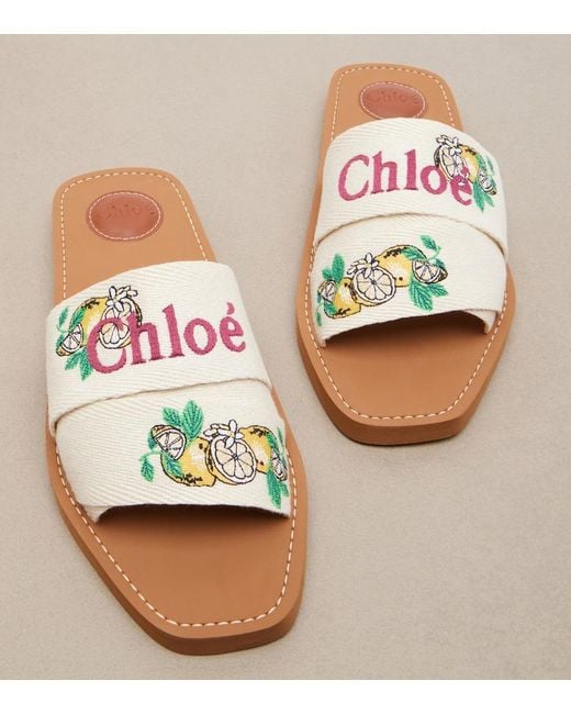 Chloé White Woody Embroidered Linen Slides