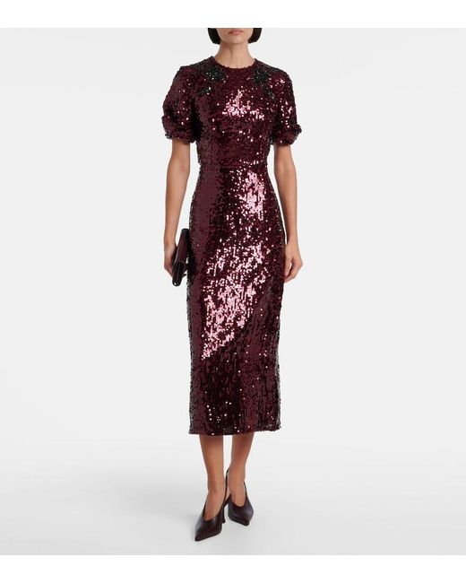 Erdem Red Embellished Sequined Georgette Midi Dress
