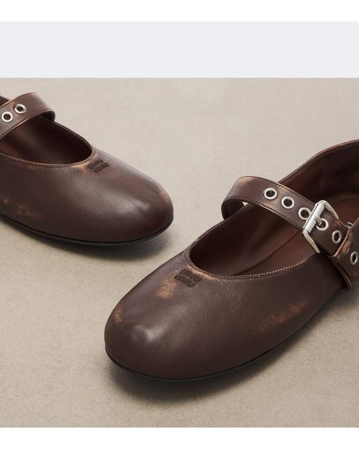 Miu Miu Brown Leather Mary Jane Flats