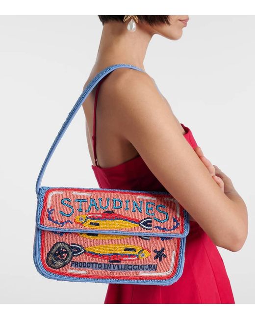 Staud Red Tommy Beaded Shoulder Bag