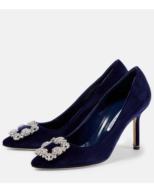 Manolo Blahnik Blue Hangisi 90 Embellished Velvet Pumps