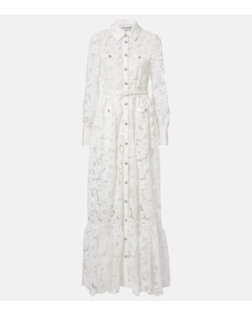 Self-Portrait White Belted Guipure Lace Shirt Dress