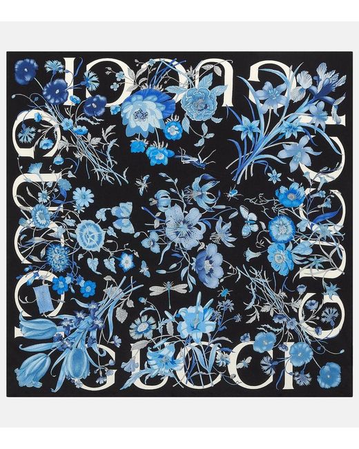 Gucci Blue Floral Silk Scarf