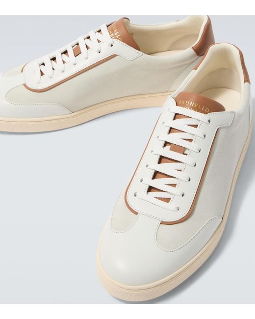 Brunello Cucinelli White Leather-Trimmed Suede Sneakers for men