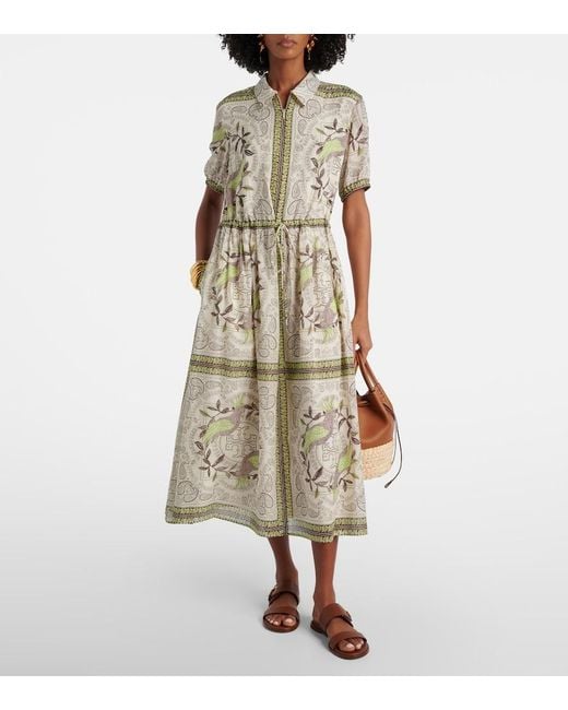 Tory Burch Natural Printed Silk And Cotton Midi Dress