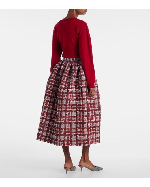 Oscar de la Renta Red Plaid Faille Midi Skirt