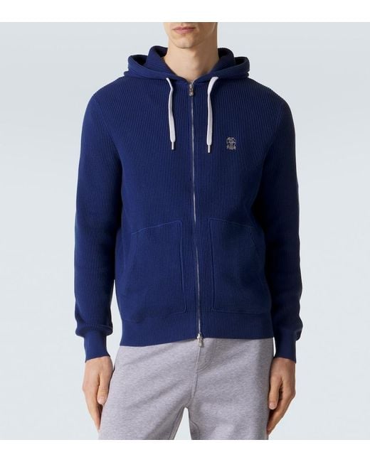 Brunello Cucinelli Blue Ribbed-Knit Cotton Zip-Up Hoodie for men