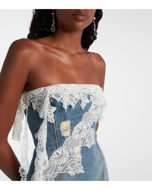 Vestido Corto De Denim Con Encaje Blumarine de color Blue
