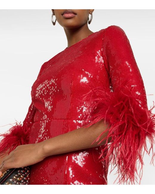 Rebecca Vallance Red Nika Feather-trimmed Sequined Midi Dress