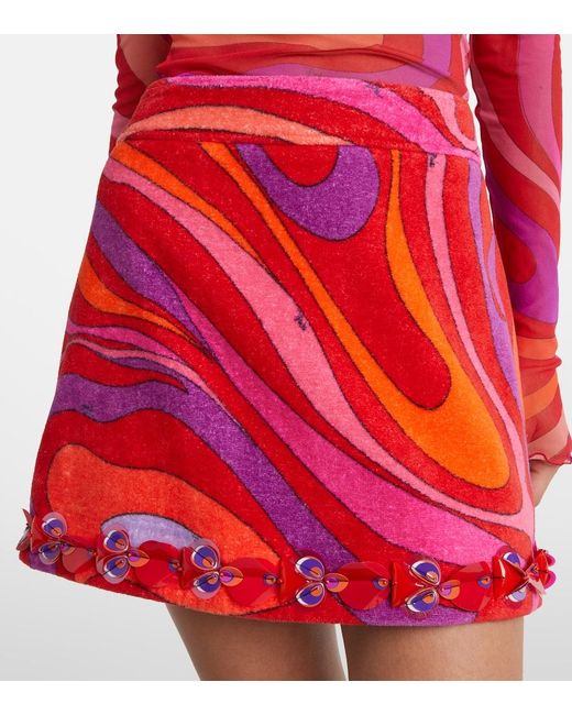 Emilio Pucci Red Marmo Embellished Cotton Terry Miniskirt