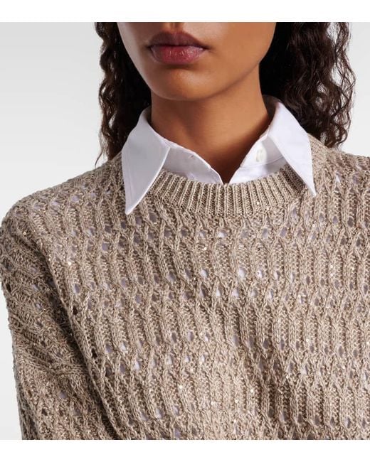 Brunello Cucinelli Brown Sequined Linen-Blend Sweater