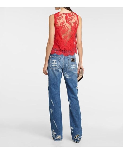 Dolce & Gabbana Red Floral Chantilly Lace Top