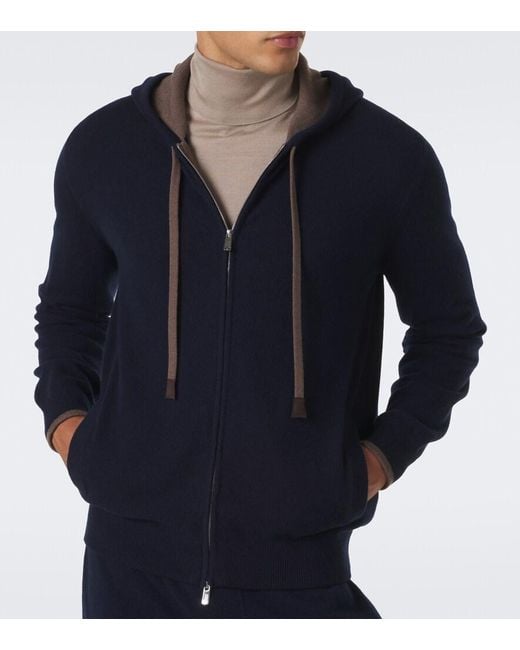 Fedeli Blue Cashmere Zip-Up Hoodie for men