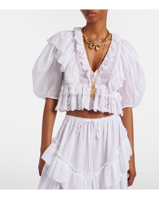 Chloé Blue Embroidered Ruffled Cotton Top