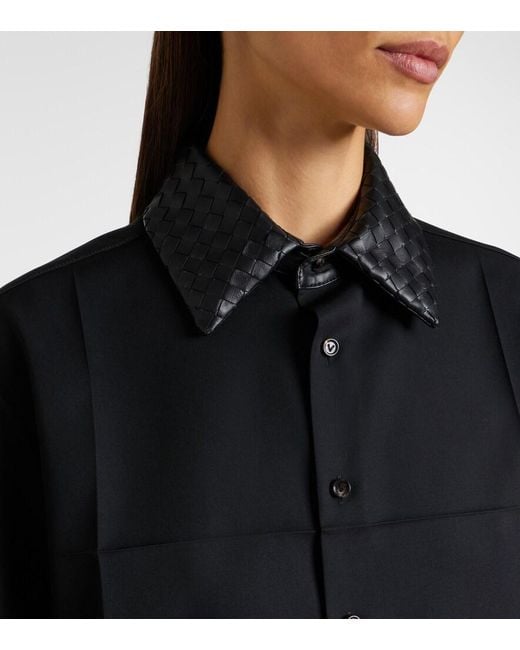Bottega Veneta Black Intrecciato Leather-Trimmed Wool Shirt