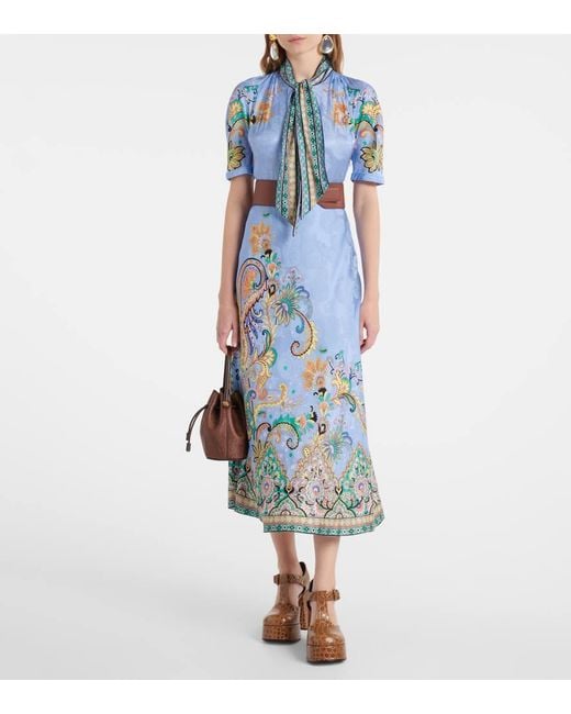 Etro Blue Paisley Satin Midi Dress