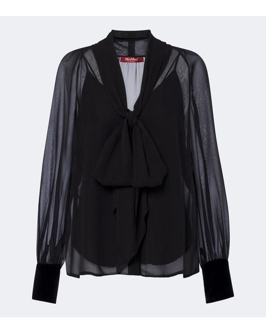 Max Mara Black Elegante Tie-Neck Silk Blouse