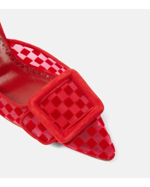 Manolo Blahnik Red Maysalebi 70 Buckled Checked Suede And Mesh Mules