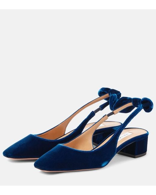 Aquazzura Blue Very Bow Tie 35 Velvet Slingback Pumps