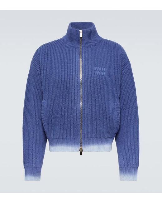 Cardigan in lana vergine con logo di Miu Miu in Blue da Uomo