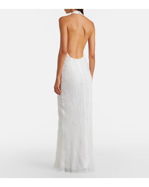 Staud White Roselle Beaded Halterneck Organza Maxi Dress