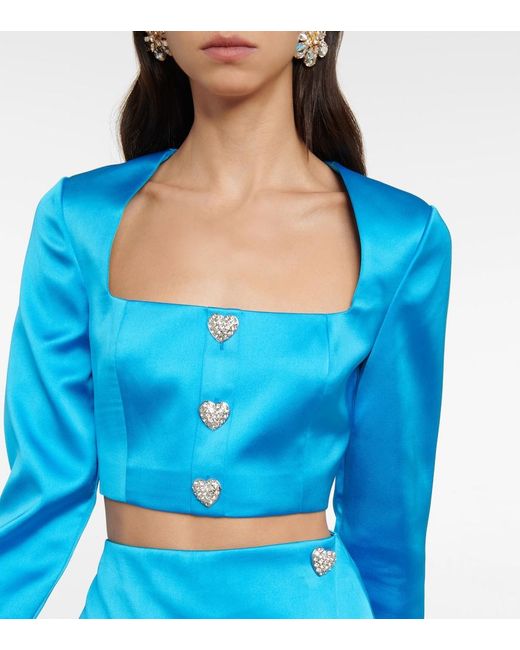 Self-Portrait Blue Crystal-Embellished Satin Crop Top