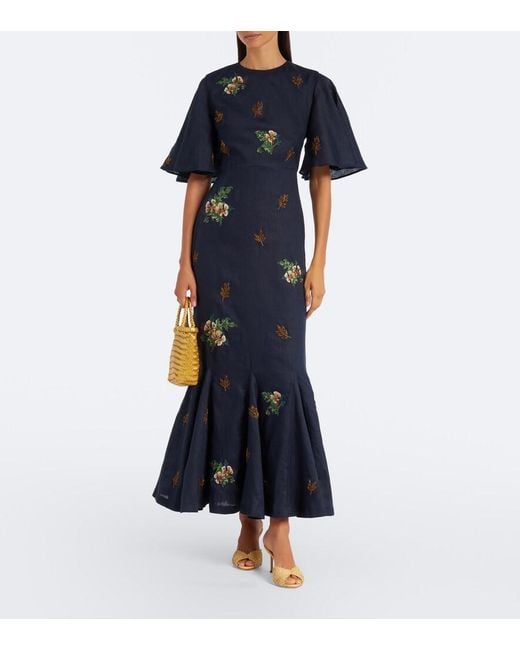 Agua Bendita Blue Ave Anhelo Floral Linen Maxi Dress