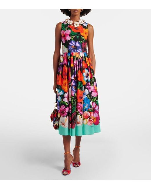Dolce & Gabbana Red Floral Cotton Midi Dress