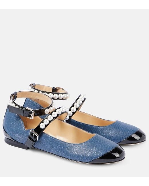 Mach & Mach Blue Embellished Denim Mary Jane Flats