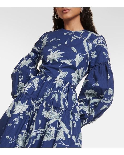 Erdem Blue Floral-print Tiered-hem Cotton-poplin Mini Dress