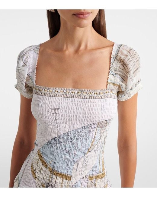Tory Burch White Printed Shirred Silk And Cotton Midi Dress