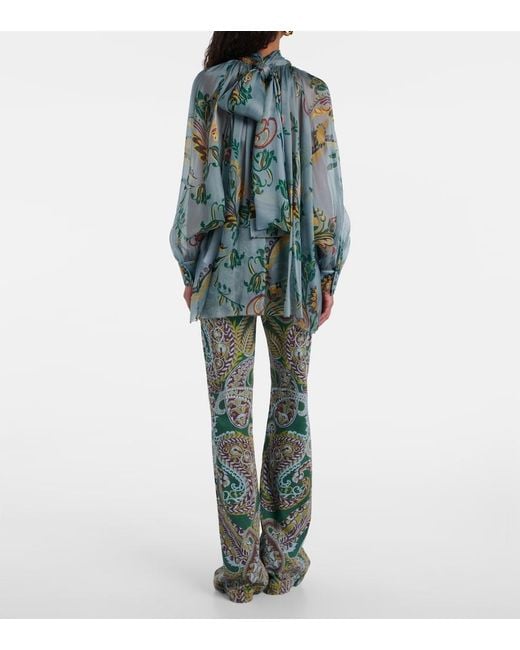 Etro Blue Printed Ruched Silk Top