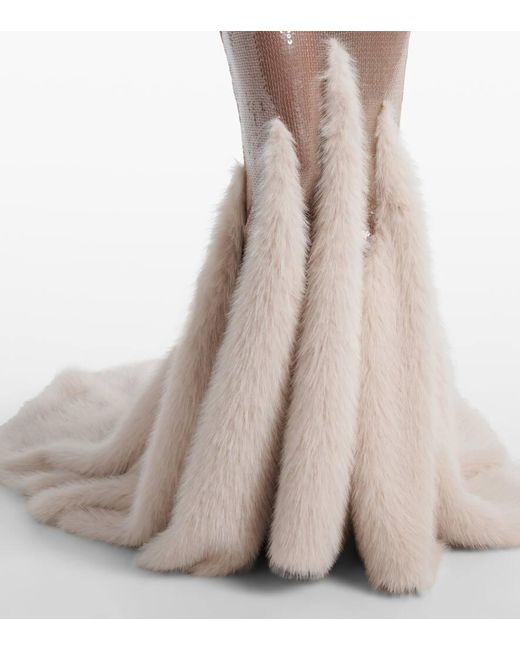 David Koma White Robe Mit Pailletten Und Faux Fur