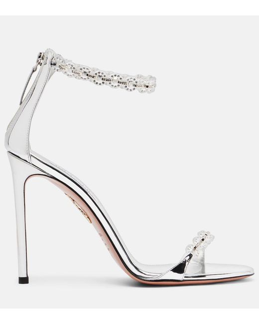 Aquazzura White Bijoux 105 Embellished Metallic Leather Sandals