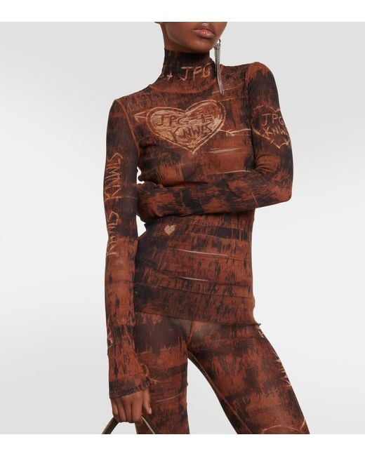 Jean Paul Gaultier Brown X Knwls Printed Mesh High-Neck Top